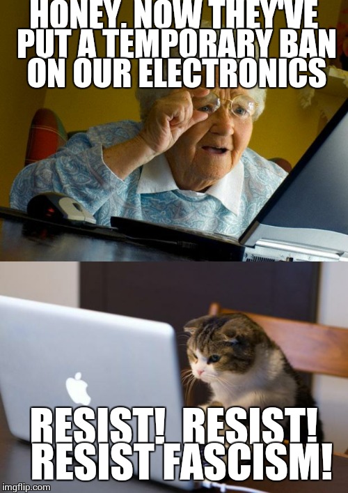 Morning news 3-21-17 | HONEY, NOW THEY'VE PUT A TEMPORARY BAN ON OUR ELECTRONICS; RESIST!  RESIST!  RESIST FASCISM! | image tagged in grandma finds the internet | made w/ Imgflip meme maker