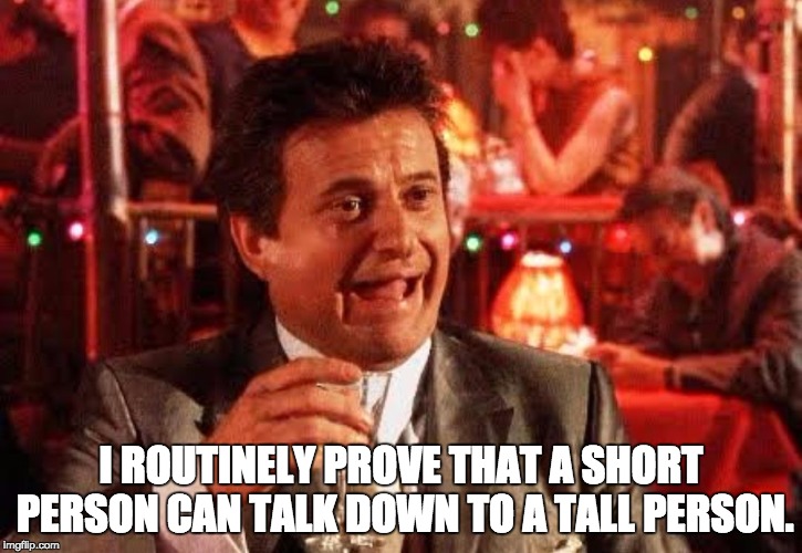 Joe Pesci Goodfellas | I ROUTINELY PROVE THAT A SHORT PERSON CAN TALK DOWN TO A TALL PERSON. | image tagged in joe pesci goodfellas | made w/ Imgflip meme maker