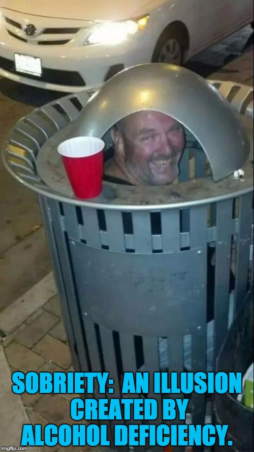 trashcan drunk | SOBRIETY:  AN ILLUSION CREATED BY ALCOHOL DEFICIENCY. | image tagged in trashcan drunk | made w/ Imgflip meme maker