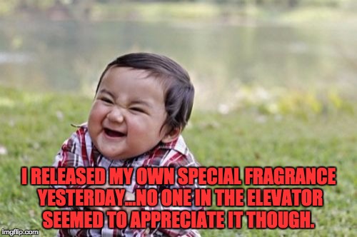 Evil Toddler Meme | I RELEASED MY OWN SPECIAL FRAGRANCE YESTERDAY...NO ONE IN THE ELEVATOR SEEMED TO APPRECIATE IT THOUGH. | image tagged in memes,evil toddler | made w/ Imgflip meme maker