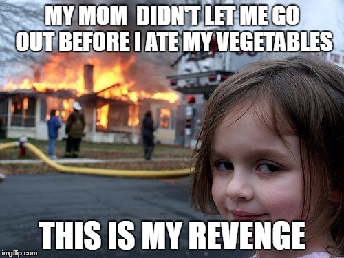 Disaster Girl | MY MOM  DIDN'T LET ME GO OUT BEFORE I ATE MY VEGETABLES; THIS IS MY REVENGE | image tagged in memes,disaster girl | made w/ Imgflip meme maker