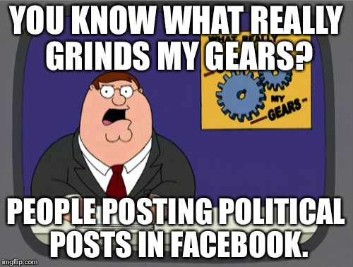 Seriously, stop it. | YOU KNOW WHAT REALLY GRINDS MY GEARS? PEOPLE POSTING POLITICAL POSTS IN FACEBOOK. | image tagged in memes,peter griffin news,facebook | made w/ Imgflip meme maker