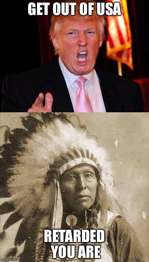 Donald Trump and Native American | GET OUT OF USA; RETARDED YOU ARE | image tagged in donald trump and native american | made w/ Imgflip meme maker