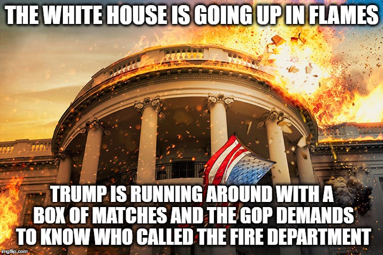 THE WHITE HOUSE IS GOING UP IN FLAMES; TRUMP IS RUNNING AROUND WITH A BOX OF MATCHES AND THE GOP DEMANDS TO KNOW WHO CALLED THE FIRE DEPARTMENT | image tagged in trump,white house,gop,nevertrump,donald trump the clown | made w/ Imgflip meme maker