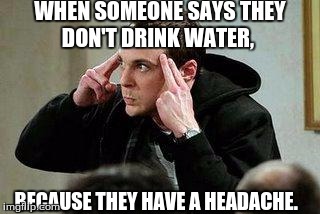 sheldon cooper mind control | WHEN SOMEONE SAYS THEY DON'T DRINK WATER, BECAUSE THEY HAVE A HEADACHE. | image tagged in sheldon cooper mind control | made w/ Imgflip meme maker