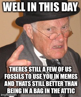 Back In My Day Meme | WELL IN THIS DAY THERES STILL A FEW OF US FOSSILS TO USE YOU IN MEMES AND THATS STILL BETTER THAN BEING IN A BAG IN THE ATTIC | image tagged in memes,back in my day | made w/ Imgflip meme maker