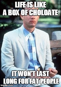 Forest gump | LIFE IS LIKE A BOX OF CHOLOATE; IT WON'T LAST LONG FOR FAT PEOPLE | image tagged in forest gump,meme,fat people,obesity,choloate | made w/ Imgflip meme maker