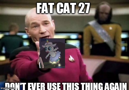 Picard Wtf Meme | FAT CAT 27; DON'T EVER USE THIS THING AGAIN | image tagged in memes,picard wtf | made w/ Imgflip meme maker