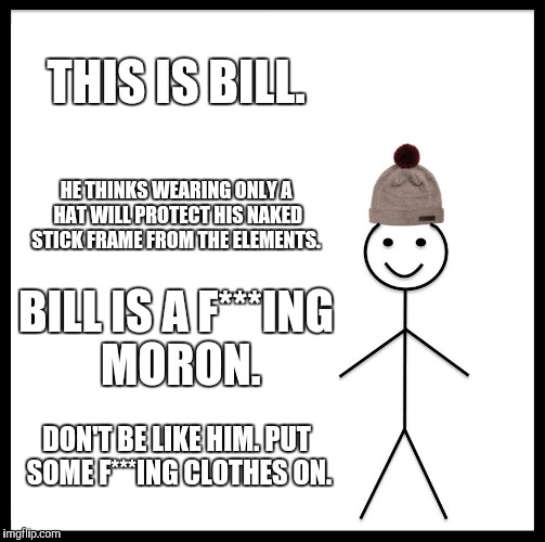 Be Like Bill | THIS IS BILL. HE THINKS WEARING ONLY A HAT WILL PROTECT HIS NAKED STICK FRAME FROM THE ELEMENTS. BILL IS A F***ING MORON. DON'T BE LIKE HIM. PUT SOME F***ING CLOTHES ON. | image tagged in memes,be like bill | made w/ Imgflip meme maker