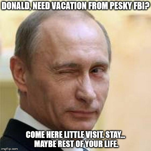 Putin Winking | DONALD, NEED VACATION FROM PESKY FBI? COME HERE LITTLE VISIT. STAY... MAYBE REST OF YOUR LIFE. | image tagged in putin winking | made w/ Imgflip meme maker