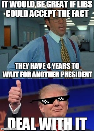 Don't knock the presidency till you let it go through it's course, say all 4 years like I did with the last 2 terms. | IT WOULD BE GREAT IF LIBS COULD ACCEPT THE FACT; THEY HAVE 4 YEARS TO WAIT FOR ANOTHER PRESIDENT; DEAL WITH IT | image tagged in deal with it | made w/ Imgflip meme maker
