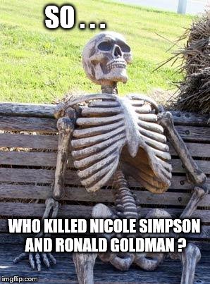 Waiting Skeleton | SO . . . WHO KILLED NICOLE SIMPSON AND RONALD GOLDMAN ? | image tagged in memes,waiting skeleton | made w/ Imgflip meme maker