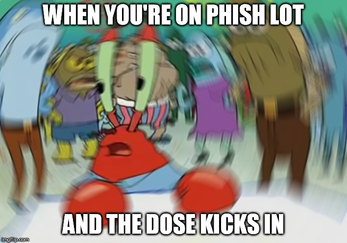 Mr Krabs Blur Meme | WHEN YOU'RE ON PHISH LOT; AND THE DOSE KICKS IN | image tagged in memes,mr krabs blur meme | made w/ Imgflip meme maker