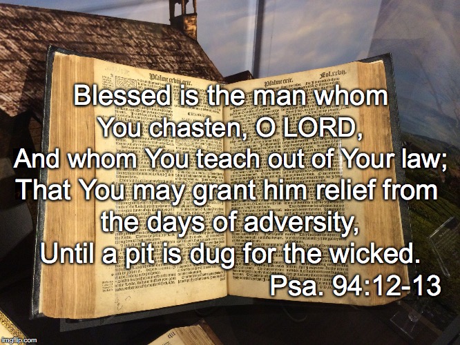 Blessed is the man whom; You chasten, O LORD, And whom You teach out of Your law;; That You may grant him relief from; the days of adversity, Until a pit is dug for the wicked. Psa. 94:12-13 | image tagged in law | made w/ Imgflip meme maker