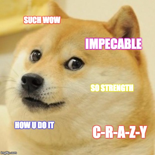 Doge Meme | SUCH WOW; IMPECABLE; SO STRENGTH; HOW U DO IT; C-R-A-Z-Y | image tagged in memes,doge | made w/ Imgflip meme maker