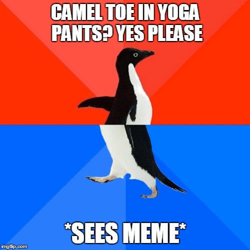 Socially Awesome Awkward Penguin Meme | CAMEL TOE IN YOGA PANTS? YES PLEASE *SEES MEME* | image tagged in memes,socially awesome awkward penguin | made w/ Imgflip meme maker