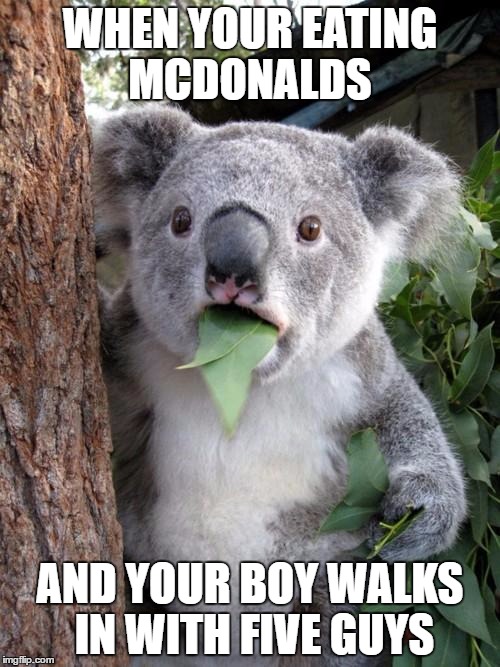 Surprised Koala Meme | WHEN YOUR EATING MCDONALDS; AND YOUR BOY WALKS IN WITH FIVE GUYS | image tagged in memes,surprised koala | made w/ Imgflip meme maker