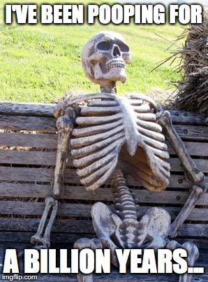 Waiting Skeleton Meme | I'VE BEEN POOPING FOR; A BILLION YEARS... | image tagged in memes,waiting skeleton | made w/ Imgflip meme maker