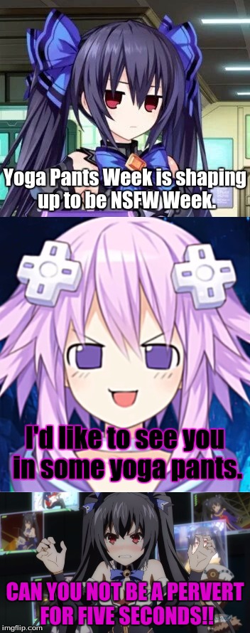 Yoga Pants Week Might Need a NSFW Stamp. A Lynch1979 Event |  Yoga Pants Week is shaping up to be NSFW Week. I'd like to see you in some yoga pants. CAN YOU NOT BE A PERVERT FOR FIVE SECONDS!! | image tagged in yoga pants week,nepface,tsundere noire,angry noire,perverts,yuri | made w/ Imgflip meme maker