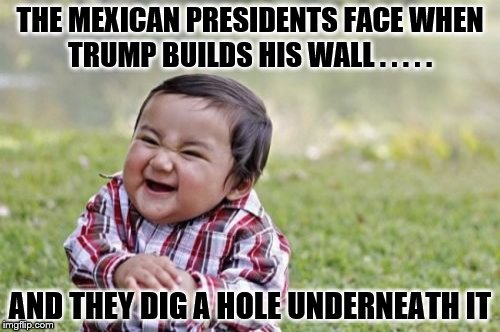 Evil Toddler | THE MEXICAN PRESIDENTS FACE WHEN TRUMP BUILDS HIS WALL . . . . . AND THEY DIG A HOLE UNDERNEATH IT | image tagged in memes,evil toddler | made w/ Imgflip meme maker