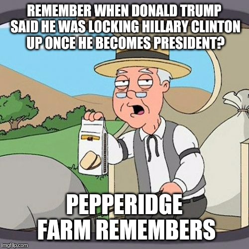 anyone remembers? | REMEMBER WHEN DONALD TRUMP SAID HE WAS LOCKING HILLARY CLINTON UP ONCE HE BECOMES PRESIDENT? PEPPERIDGE FARM REMEMBERS | image tagged in memes,pepperidge farm remembers,donald trump,hillary clinton | made w/ Imgflip meme maker