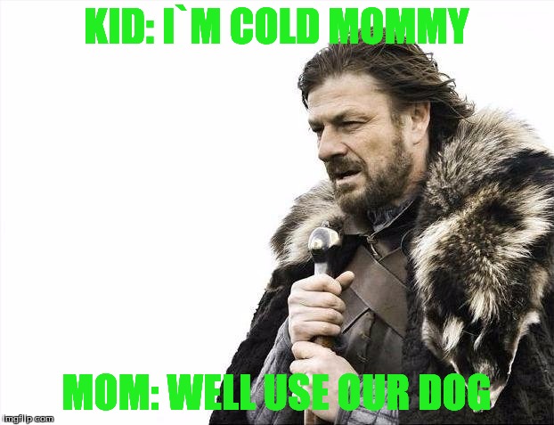 Brace Yourselves X is Coming Meme | KID: I`M COLD MOMMY; MOM: WELL USE OUR DOG | image tagged in memes,brace yourselves x is coming | made w/ Imgflip meme maker