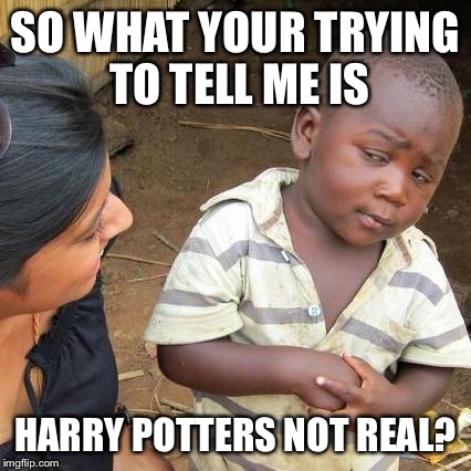 Third World Skeptical Kid Meme | SO WHAT YOUR TRYING TO TELL ME IS; HARRY POTTERS NOT REAL? | image tagged in memes,third world skeptical kid | made w/ Imgflip meme maker