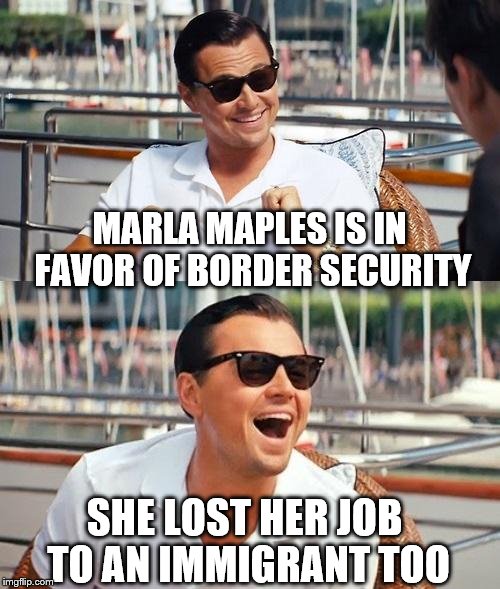 Leonardo Dicaprio Wolf Of Wall Street | MARLA MAPLES IS IN FAVOR OF BORDER SECURITY; SHE LOST HER JOB TO AN IMMIGRANT TOO | image tagged in memes,leonardo dicaprio wolf of wall street | made w/ Imgflip meme maker