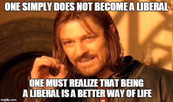 One Does Not Simply Meme | ONE SIMPLY DOES NOT BECOME A LIBERAL ONE MUST REALIZE THAT BEING A LIBERAL IS A BETTER WAY OF LIFE | image tagged in memes,one does not simply | made w/ Imgflip meme maker