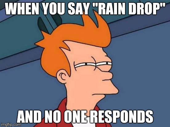 Futurama Fry | WHEN YOU SAY "RAIN DROP"; AND NO ONE RESPONDS | image tagged in memes,futurama fry | made w/ Imgflip meme maker