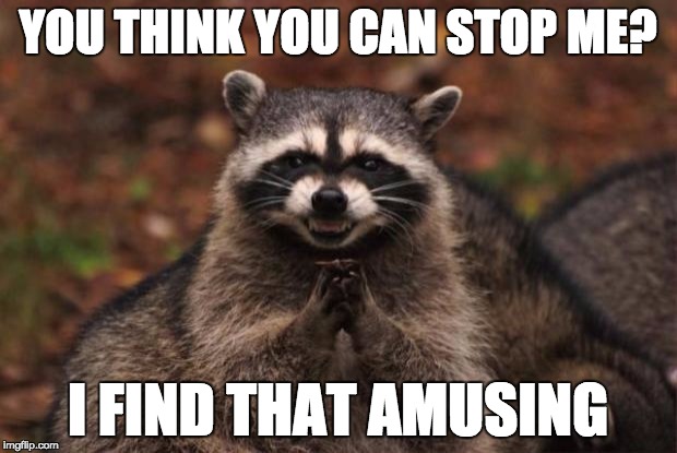 evil genius racoon | YOU THINK YOU CAN STOP ME? I FIND THAT AMUSING | image tagged in evil genius racoon | made w/ Imgflip meme maker