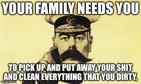 lord kitchener | YOUR FAMILY NEEDS YOU; TO PICK UP AND PUT AWAY YOUR SHIT AND CLEAN EVERYTHING THAT YOU DIRTY, | image tagged in lord kitchener | made w/ Imgflip meme maker