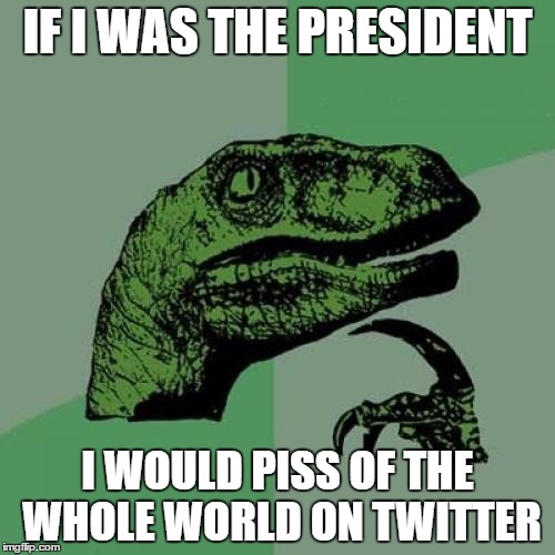 Philosoraptor Meme |  IF I WAS THE PRESIDENT; I WOULD PISS OF THE WHOLE WORLD ON TWITTER | image tagged in memes,philosoraptor | made w/ Imgflip meme maker