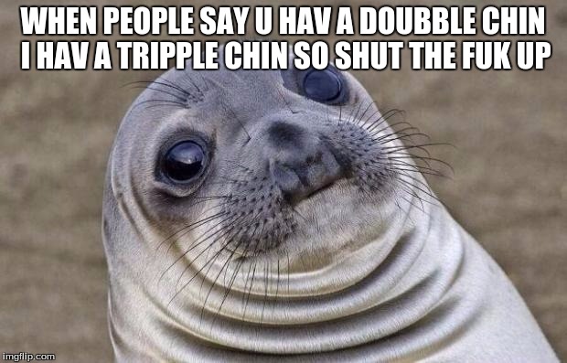 Awkward Moment Sealion | WHEN PEOPLE SAY U HAV A DOUBBLE CHIN I HAV A TRIPPLE CHIN SO SHUT THE FUK UP | image tagged in memes,awkward moment sealion | made w/ Imgflip meme maker