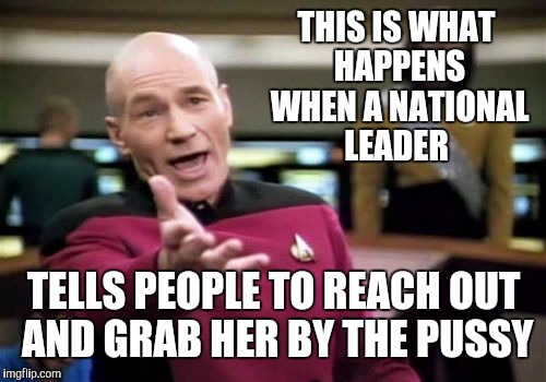 Picard Wtf Meme | THIS IS WHAT HAPPENS WHEN A NATIONAL LEADER TELLS PEOPLE TO REACH OUT AND GRAB HER BY THE PUSSY | image tagged in memes,picard wtf | made w/ Imgflip meme maker