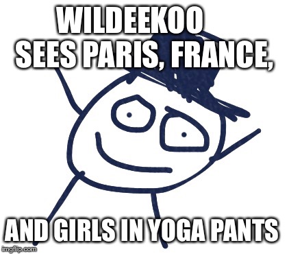 Wildeekoo | WILDEEKOO      SEES PARIS, FRANCE, AND GIRLS IN YOGA PANTS | image tagged in wildeekoo | made w/ Imgflip meme maker