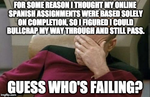 Hahahahaha(I really f**ked up, didn't I?)hahahaha | FOR SOME REASON I THOUGHT MY ONLINE SPANISH ASSIGNMENTS WERE BASED SOLELY ON COMPLETION, SO I FIGURED I COULD BULLCRAP MY WAY THROUGH AND STILL PASS. GUESS WHO'S FAILING? | image tagged in memes,captain picard facepalm,college,homework,assignments,failure | made w/ Imgflip meme maker