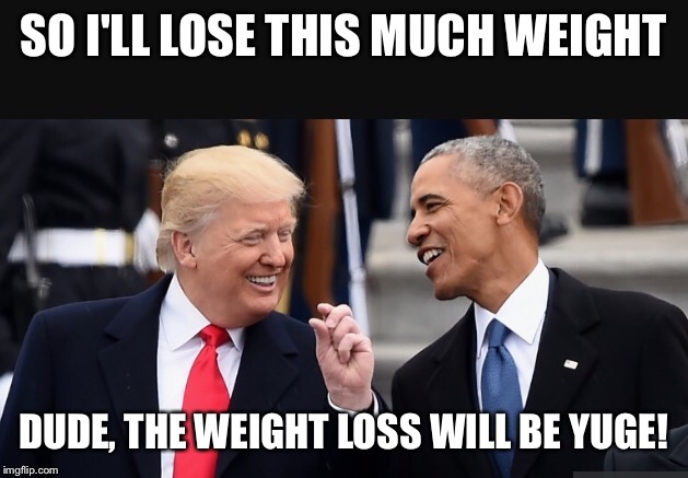 SO I'LL LOSE THIS MUCH WEIGHT; DUDE, THE WEIGHT LOSS WILL BE YUGE! | image tagged in donald trump,trump,obama,barack obama,memes,meme | made w/ Imgflip meme maker