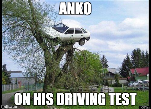 car in tree | ANKO; ON HIS DRIVING TEST | image tagged in car in tree | made w/ Imgflip meme maker