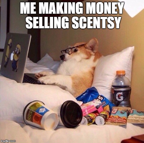 Lazy dog in bed | ME MAKING MONEY SELLING SCENTSY | image tagged in lazy dog in bed | made w/ Imgflip meme maker