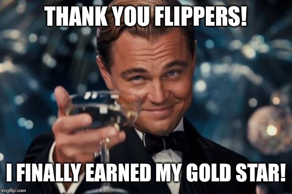 To those of you who have upvoted or at least viewed my dank memes: | THANK YOU FLIPPERS! I FINALLY EARNED MY GOLD STAR! | image tagged in memes,leonardo dicaprio cheers | made w/ Imgflip meme maker