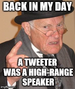 Back In My Day Meme | BACK IN MY DAY A TWEETER WAS A HIGH-RANGE SPEAKER | image tagged in memes,back in my day | made w/ Imgflip meme maker