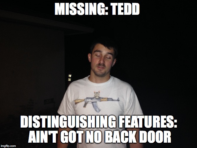 Missing Tedd | MISSING: TEDD; DISTINGUISHING FEATURES: AIN'T GOT NO BACK DOOR | image tagged in ted | made w/ Imgflip meme maker