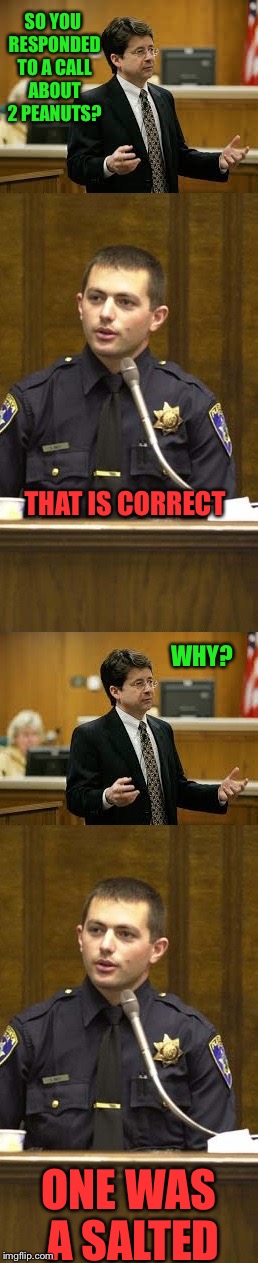 Lawyer and Cop testifying | SO YOU RESPONDED TO A CALL ABOUT 2 PEANUTS? THAT IS CORRECT; WHY? ONE WAS A SALTED | image tagged in lawyer and cop testifying,memes | made w/ Imgflip meme maker