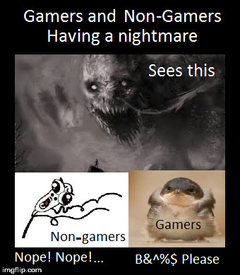 Gamers vs none-gamers | image tagged in gamers,dreams,nightmare,fearless,scared,chick | made w/ Imgflip meme maker