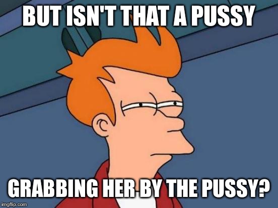 Futurama Fry Meme | BUT ISN'T THAT A PUSSY GRABBING HER BY THE PUSSY? | image tagged in memes,futurama fry | made w/ Imgflip meme maker