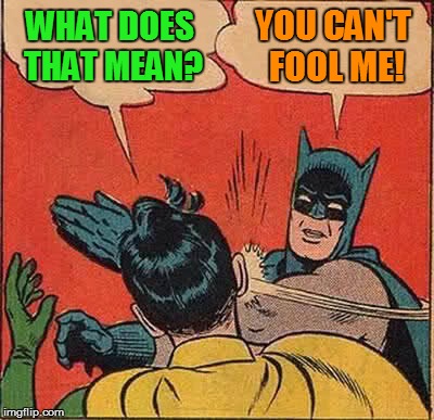 Batman Slapping Robin Meme | WHAT DOES THAT MEAN? YOU CAN'T FOOL ME! | image tagged in memes,batman slapping robin | made w/ Imgflip meme maker