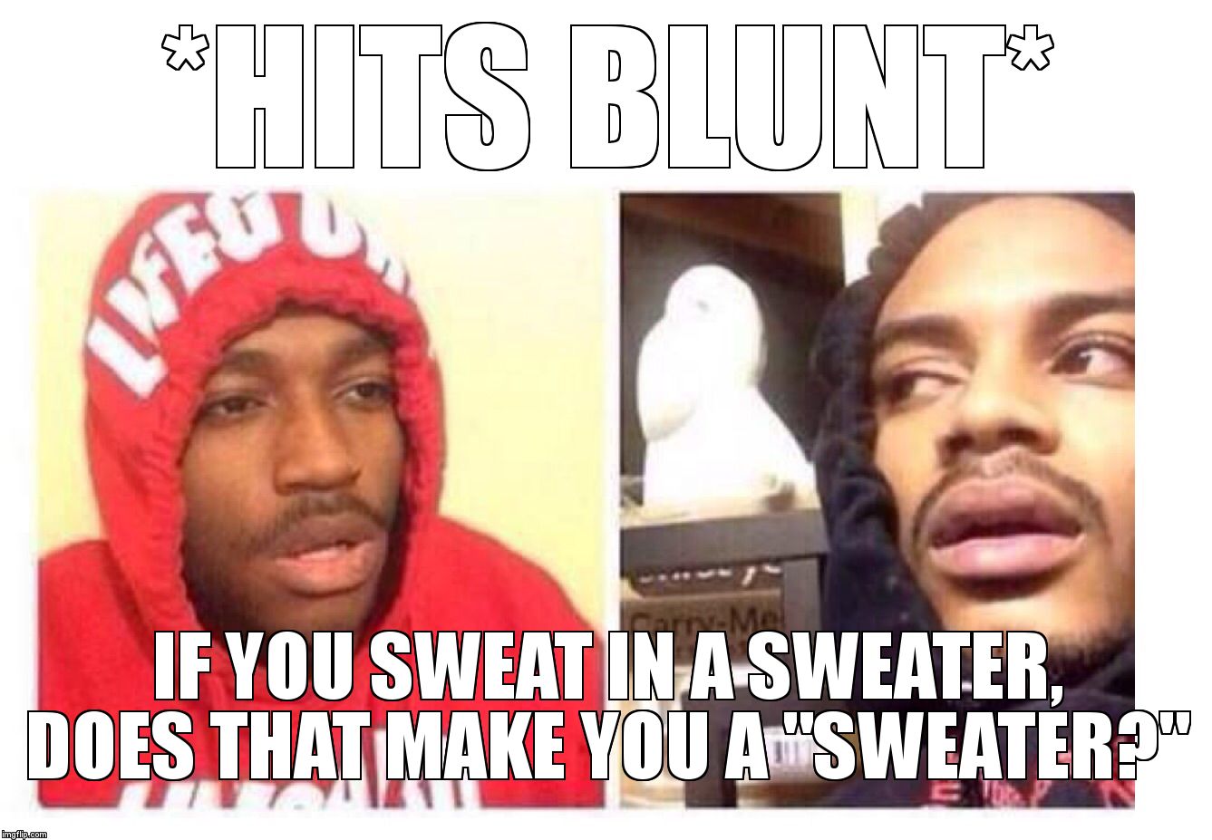 Hits blunt | *HITS BLUNT*; IF YOU SWEAT IN A SWEATER, DOES THAT MAKE YOU A "SWEATER?" | image tagged in hits blunt | made w/ Imgflip meme maker