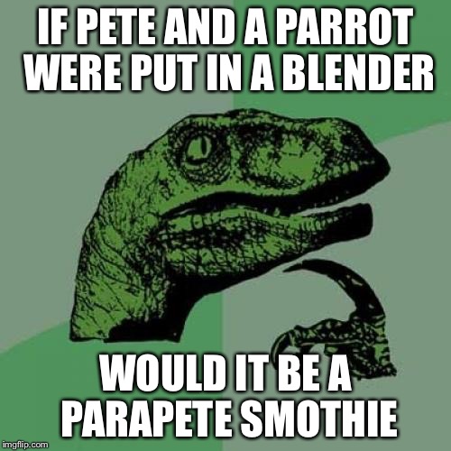 Philosoraptor | IF PETE AND A PARROT WERE PUT IN A BLENDER; WOULD IT BE A PARAPETE SMOTHIE | image tagged in memes,philosoraptor | made w/ Imgflip meme maker