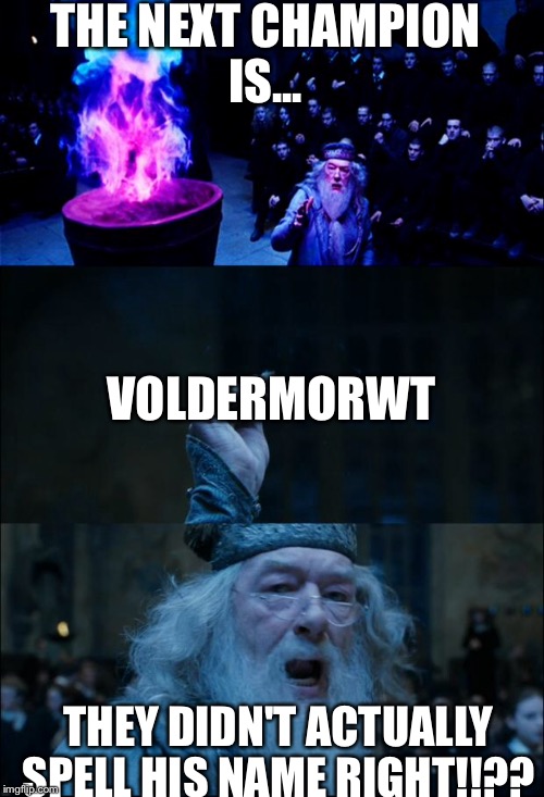Goblet of Fire | THE NEXT CHAMPION IS... VOLDERMORWT; THEY DIDN'T ACTUALLY SPELL HIS NAME RIGHT!!?? | image tagged in goblet of fire | made w/ Imgflip meme maker